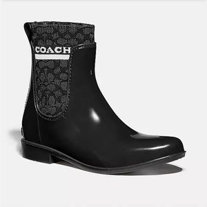 NEW Coach Black and White Rivington Rubber Rain Bootie, Mock Sock Boot